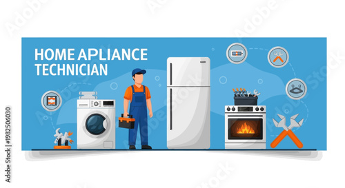 Illustrated banner featuring a home appliance technician in overalls standing with a toolbox beside a washing machine, refrigerator, and oven against a blue background, suggesting repair