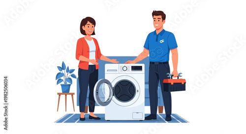 Illustrated scene showing a woman with a repairman standing near an open washing machine, against a clean white background with a potted plant, creating a helpful and reliable service
