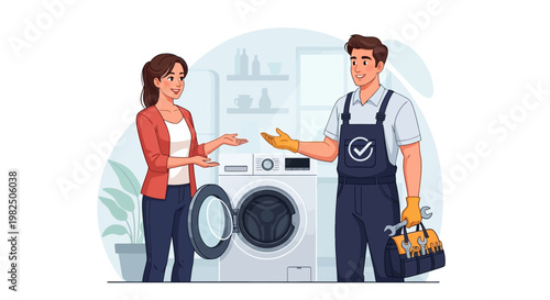 A smiling female customer discusses the problem with a washing machine to a friendly repairman holding a wrench and toolbox in a bright, uncluttered home setting with a clean, modern feel