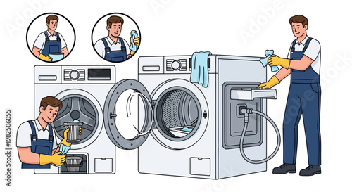 Against a white backdrop, a vector illustration depicts a handyman fixing a washing machine, showcasing his expertise in appliance repair with meticulous attention to detail, enhanced