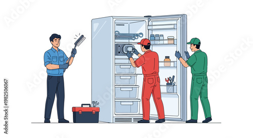 Illustrated scene of three diverse repairmen fixing a refrigerator with tools against a white background, showcasing their teamwork and expertise in a vector graphic with bright