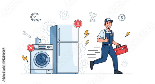 A cheerful handyman in blue overalls rushes forward with a red toolbox against a white backdrop, near a broken washing machine and refrigerator in a vector illustration with vibrant colors