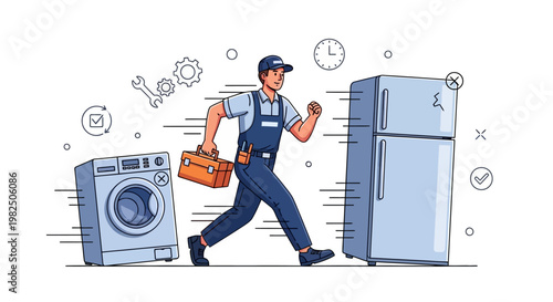 Illustration of a repairman running with a toolbox towards a refrigerator and washing machine, set against a clean white background with motion lines and technical icons conveying a sense