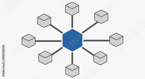 Centralized Blockchain Network Vector Illustration with Blue Hexagon Hub and Grey Cube Nodes