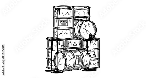 Oil Barrel Leak Line Art Vector Illustration with Industrial Pollution Concept in Black and White Outline Style