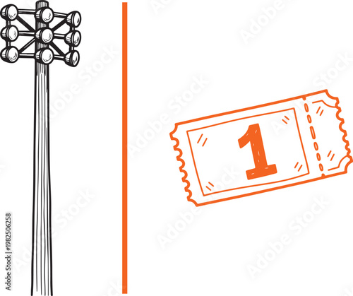 Stadium floodlights and admission ticket number one hand drawn vector illustration for sports game day