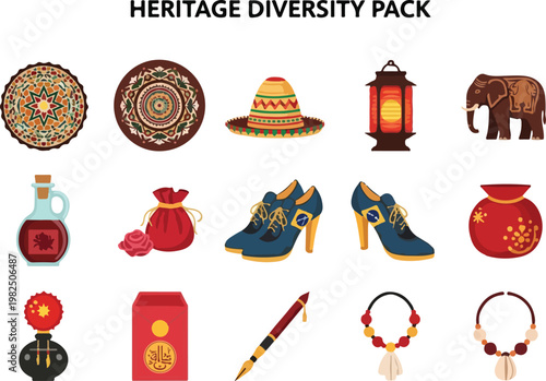 A Vibrant Collection of Cultural Heritage Symbols and Traditional Items