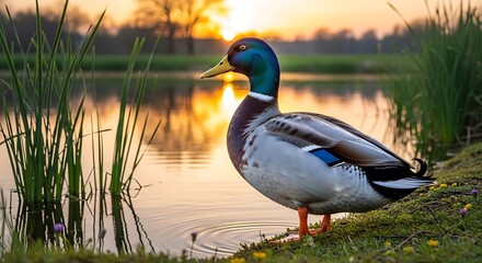 Mallard duck standing lakeside at sunset with vibrant colors and serene atmosphere