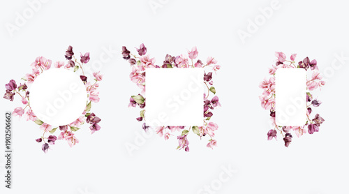 Three floral frames featuring watercolor-style Bougainvillea flowers