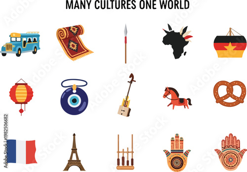 Cultural symbols and iconic landmarks from around the globe celebrating diversity and unity