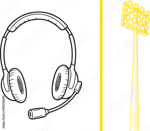 Vector illustration of a headset with microphone and stadium floodlight for sports broadcasting and commentary