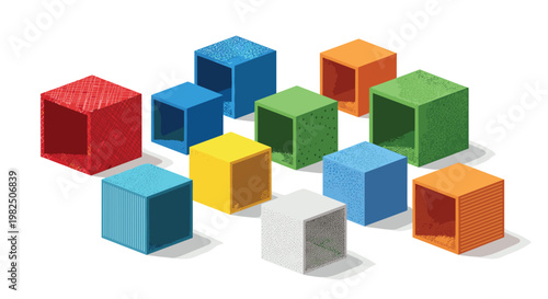A collection of diverse hollow cubes featuring vibrant colors and unique surface textures like dots and lines is scattered across a clean white floor.