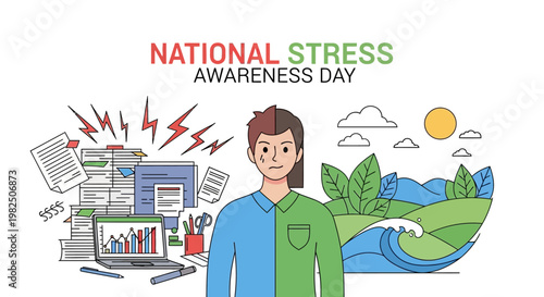 Conceptual vector design illustrating National Stress Awareness Day, showing a person split between a stressful office environment and a serene natural landscape, promoting mental health