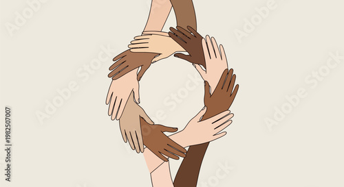 Diverse hands forming a circular unity symbol on a neutral background.
