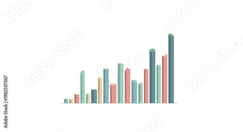 Various colorful three-dimensional cylindrical and rectangular bar charts display fluctuating data trends across a clean horizontal baseline on a white background.