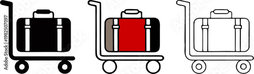 Airport Luggage Trolley Icon Set: Three Variations Including Black Silhouette, Flat Color Travel Cart, and Line Art Outline for Hotel Hospitality and Airport Navigation