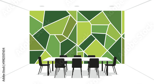 A sleek white rectangular conference table surrounded by black ergonomic chairs stands in front of a vibrant green geometric mural in a modern office.