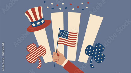 Patriotic American celebration with a flag, Uncle Sam hat, and clovers