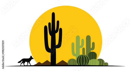A striking desert silhouette depicts a black fox walking past various cacti species against the backdrop of a massive and vibrant yellow circular sun.