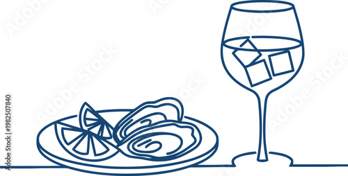 Fresh oysters on a plate with lemon and a cold drink in a glass