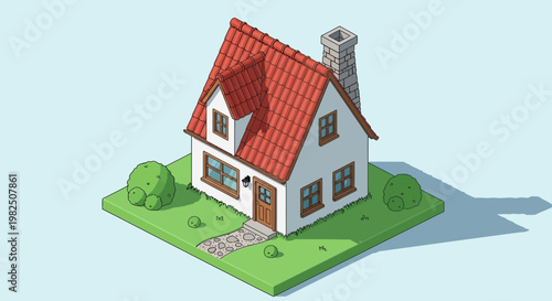 Isometric illustration of a residential house with red roof and green lawn