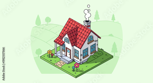 Isometric illustration of a residential house with red roof and chimney
