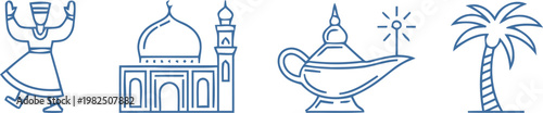 Set of blue line icons for ramadan mosque lamp and palm tree design