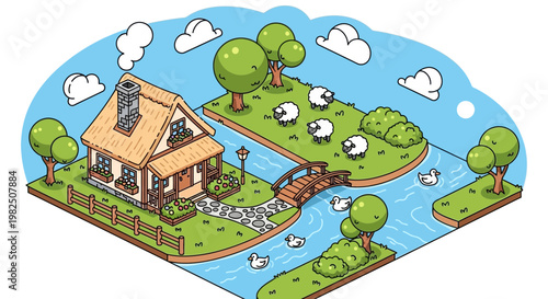 Isometric illustration of a rural landscape with house bridge and animals