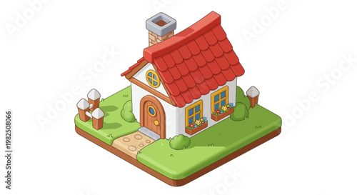 Isometric illustration of a small house with red roof and green surroundings
