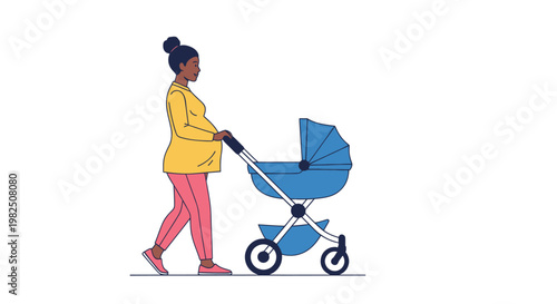 Woman pushing baby stroller outdoors alone.