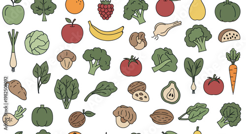 Variety of colorful fresh fruits vegetables.