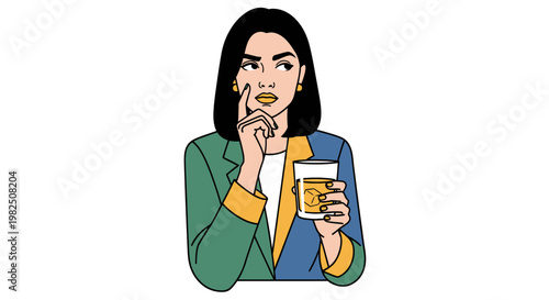 Woman eating and drinking thoughtfully.