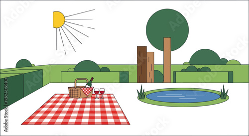 Picnic basket on red checkered blanket.