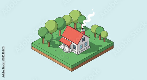 Isometric view of a house surrounded by trees on a green landscape