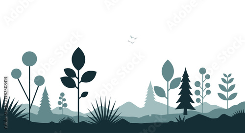 Various plants and trees in landscape.