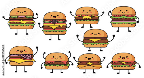 Smiling cartoon hamburger characters with legs.
