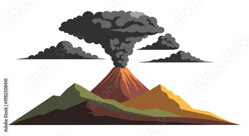 Erupting volcano with smoke and ash.