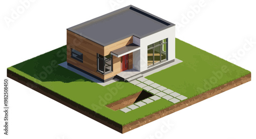 Isometric view of a modern house on green grass with a hole