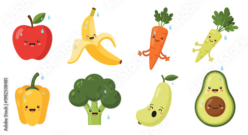 Cartoon vegetables and fruits characters.