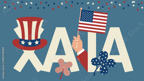 Patriotic USA lettering with flag, Uncle Sam hat, and clover symbols