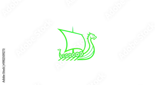 Green Viking Longship Silhouette on White Background, Nordic Ship Icon