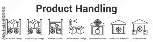 Product Handling web banner icon set vector illustration concept for business with icon of Cold Product Storage, Frozen Package Storage, Cold Storage Rack, Chilled Product Storage, Cold Food Warehou.