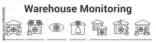 Warehouse Monitoring web banner icon set vector illustration concept for business with icon of Cold Warehouse Monitoring, Cold Warehouse Sensor, Cold Product Monitoring, Cold Warehouse Alert, C.
