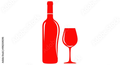 Red Wine Bottle and Glass Silhouette on White Background