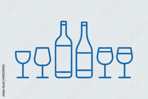 Blue line art icon set of wine bottles and empty wine glasses set