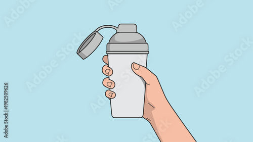 Person holding a workout shaker bottle with an open lid for protein drinks and fitness