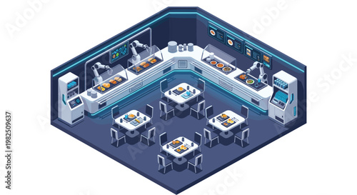 A futuristic isometric restaurant interior showcases advanced robotic arms serving meals at a counter while patrons dine at modern tables in a dark room.