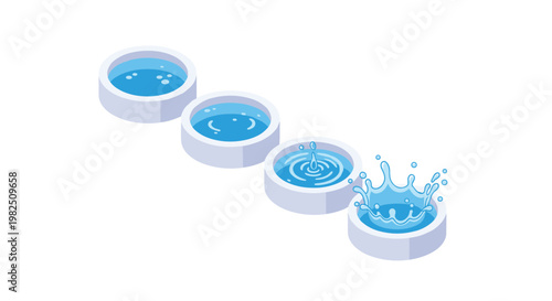 A sequence of four circular white basins illustrates the progression of water movement from a calm surface to a dynamic and vibrant blue splash in a row.