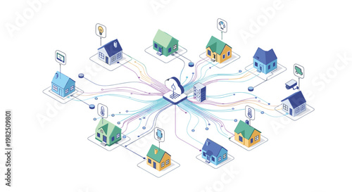 A vibrant isometric illustration depicts a central cloud server connecting to multiple colorful smart homes through a complex network of flowing data lines.