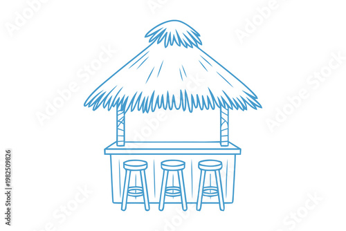 Simple line drawing of a tropical tiki bar with three wooden stools